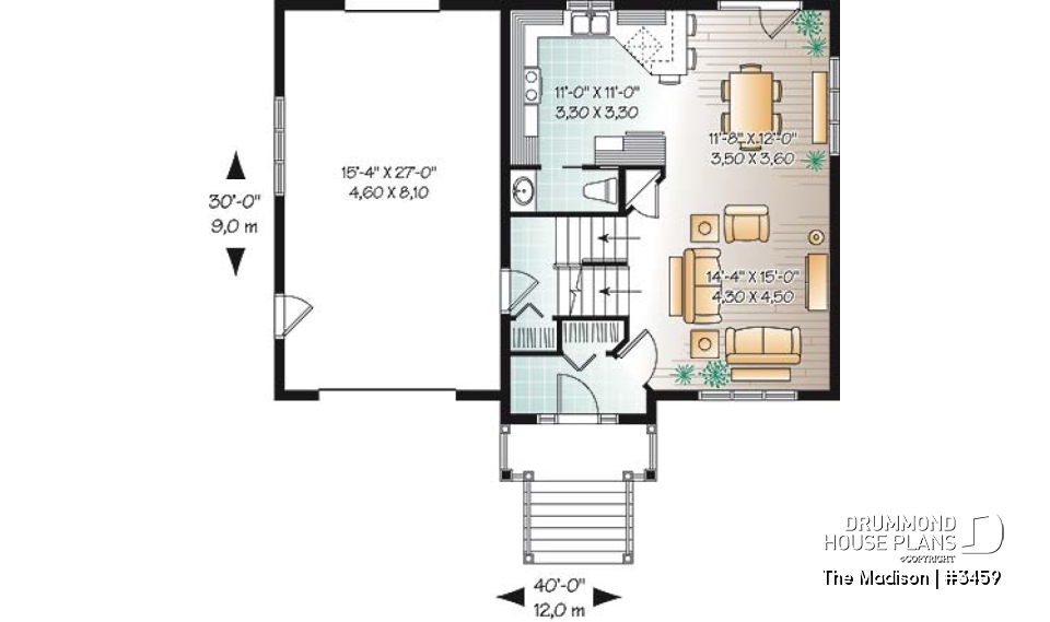 1st level - Modern rustic 4 to 5 bedrooms house plan, laundry on second floor, garage, master suite, open concept - The Madison