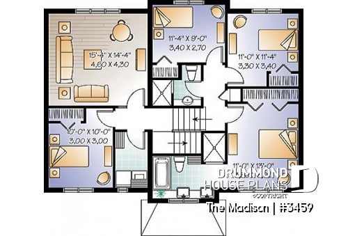 2nd level - Modern rustic 4 to 5 bedrooms house plan, laundry on second floor, garage, master suite, open concept - The Madison