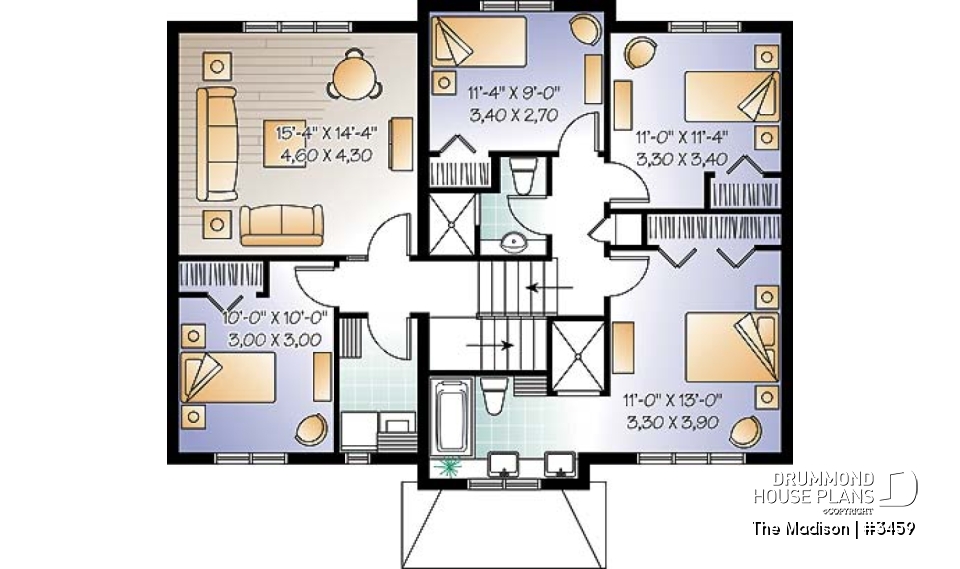 2nd level - Modern rustic 4 to 5 bedrooms house plan, laundry on second floor, garage, master suite, open concept - The Madison