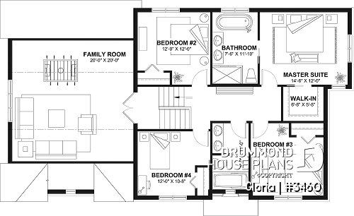 2nd level - Transitional style large family home design, 4 bedrooms, 2 living rooms, home office and a large garage - Gloria