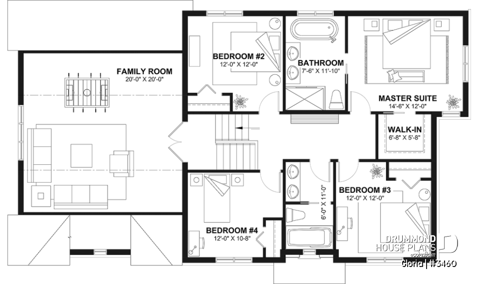 2nd level - Spacious house plan, 4+ bedrooms, large garage, office, master suite, optional finished basement ($) - Gloria