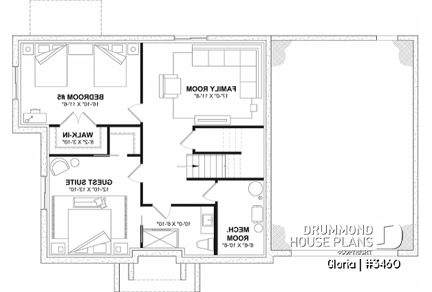 Finished basement - Spacious house plan, 4+ bedrooms, large garage, office, master suite, optional finished basement ($) - Gloria