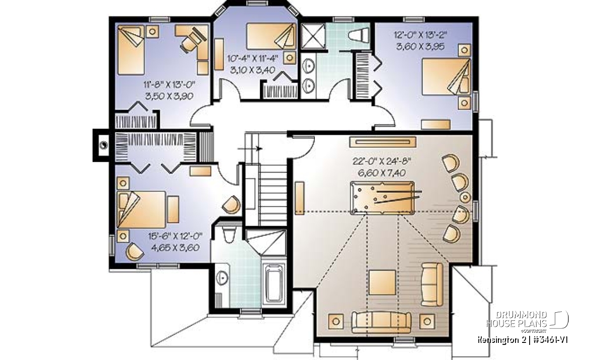 2nd level - 4 to 5 bedrooms, 3 bathrooms floor plan, 2-car garage, large game room, formal living room with fireplace - Kensington 2