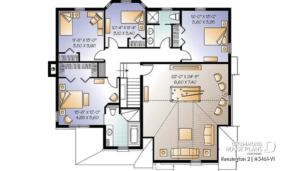 2nd level - 4 to 5 bedrooms, 3 bathrooms floor plan, 2-car garage, large game room, formal living room with fireplace - Kensington 2