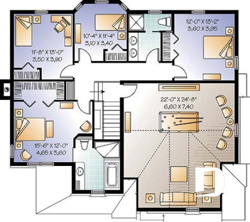 2nd level - 4 to 5 bedrooms, 3 bathrooms floor plan, 2-car garage, large game room, formal living room with fireplace - Kensington 2