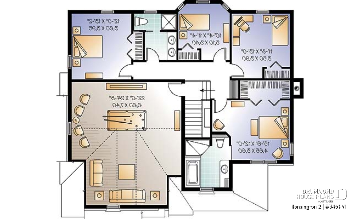 2nd level - 4 to 5 bedrooms, 3 bathrooms floor plan, 2-car garage, large game room, formal living room with fireplace - Kensington 2