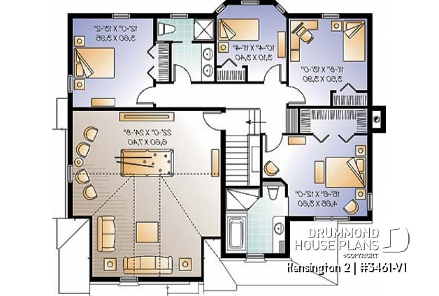 2nd level - 4 to 5 bedrooms, 3 bathrooms house plan, 2-car garage, large game room, formal living room with fireplace - Kensington 2