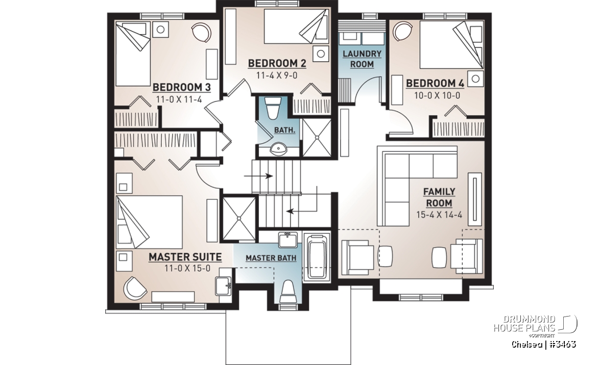 2nd level - Beautiful 4 beds 3 baths Country style home plan with a second family room on second floor - Chelsea