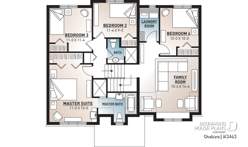 2nd level - Beautiful 4 beds 3 baths Country style home plan with a second family room on second floor - Chelsea