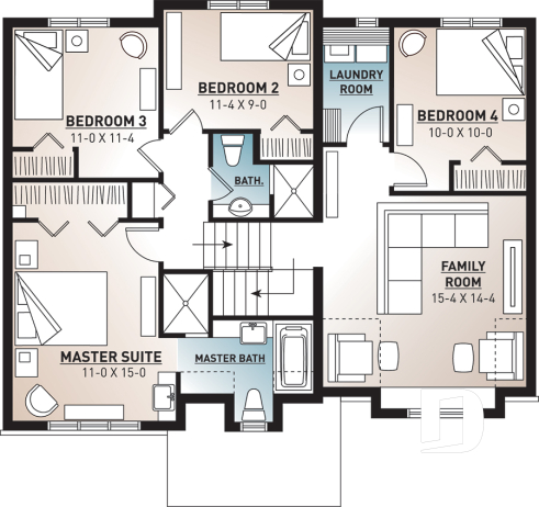 2nd level - Beautiful 4 beds 3 baths Country style home plan with a second family room on second floor - Chelsea