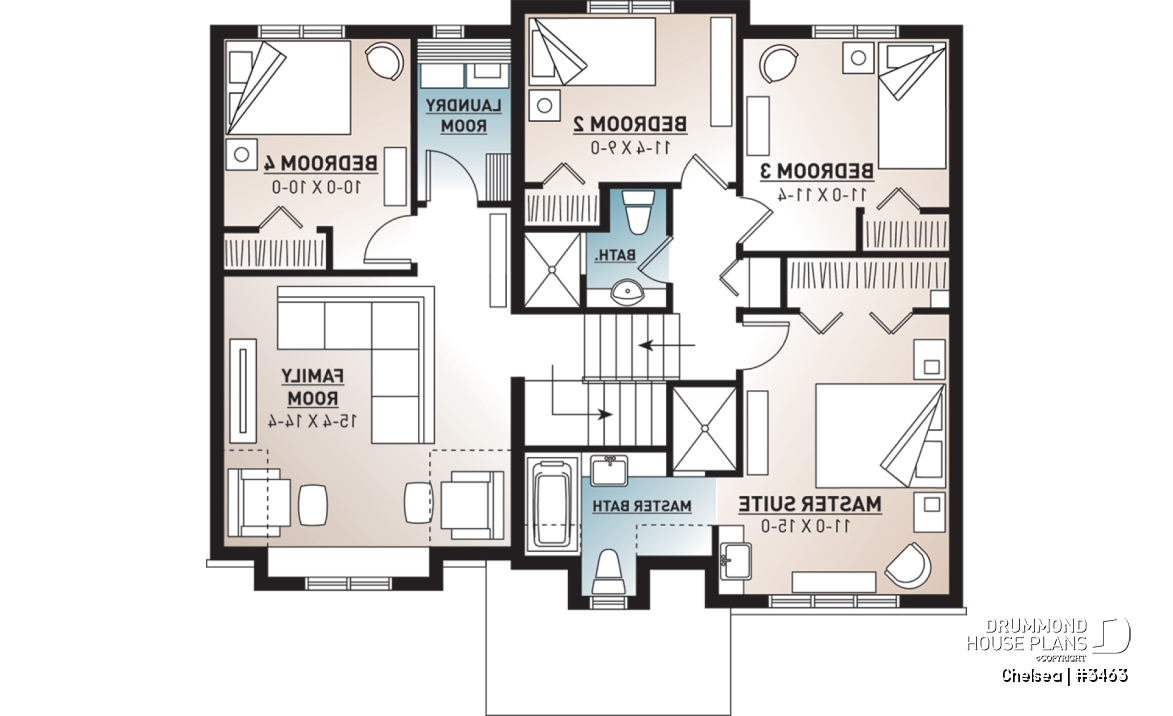 2nd level - Beautiful 4 beds 3 baths Country style home plan with a second family room on second floor - Chelsea