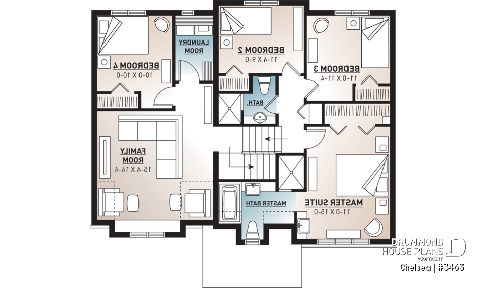 2nd level - Beautiful 4 beds 3 baths Country style home plan with a second family room on second floor - Chelsea