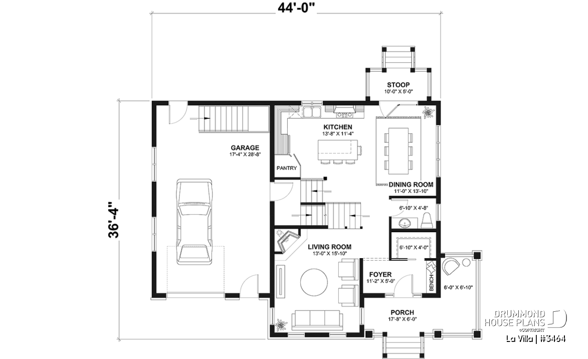 1st level - Barn style house plan, 5 bedrooms, master suite, fireplace, garage, kitchen with pantry and island - La Villa