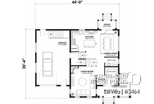 1st level - Barn style house plan, 5 bedrooms, master suite, fireplace, garage, kitchen with pantry and island - La Villa