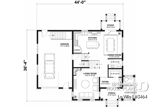 1st level - Barn style house plan, 5 bedrooms, master suite, fireplace, garage, kitchen with pantry and island - La Villa