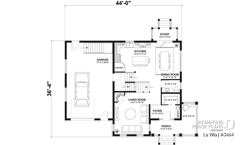 1st level - Barn style house plan, 5 bedrooms, master suite, fireplace, garage, kitchen with pantry and island - La Villa