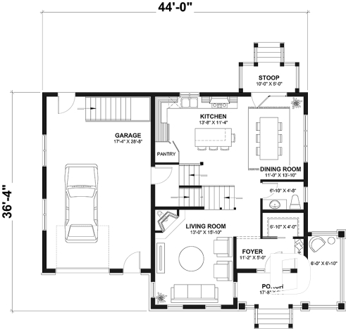 1st level - Barn style house plan, 5 bedrooms, master suite, fireplace, garage, kitchen with pantry and island - La Villa