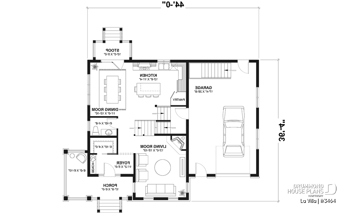 1st level - Barn style house plan, 5 bedrooms, master suite, fireplace, garage, kitchen with pantry and island - La Villa