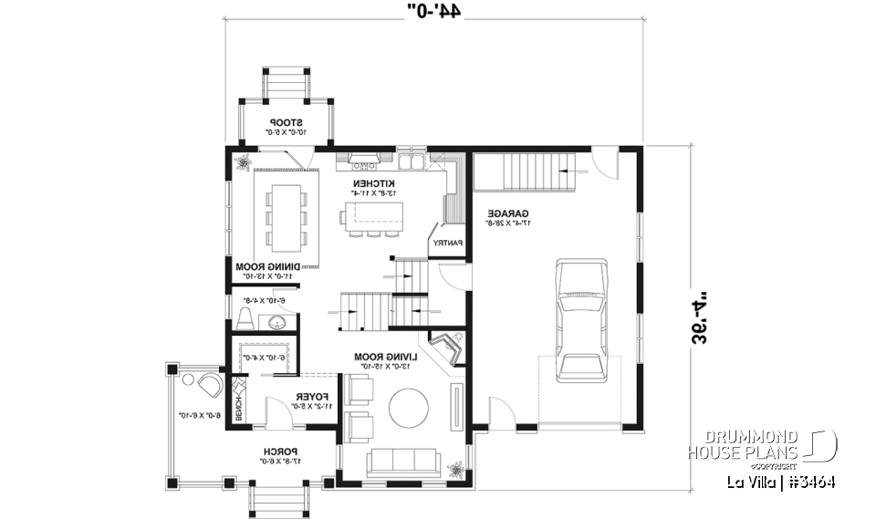 1st level - Barn style house plan, 5 bedrooms, master suite, fireplace, garage, kitchen with pantry and island - La Villa