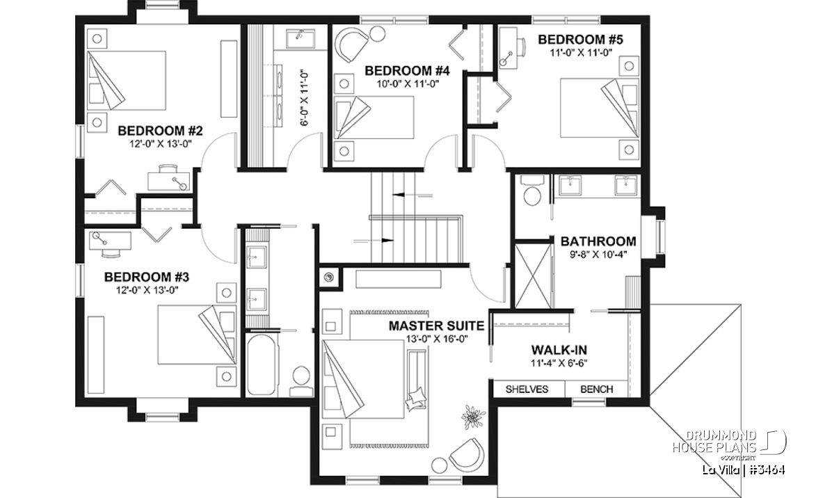 2nd level - Barn style house plan, 5 bedrooms, master suite, fireplace, garage, kitchen with pantry and island - La Villa