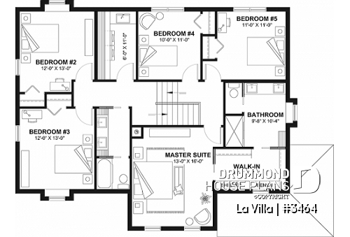 2nd level - Barn style house plan, 5 bedrooms, master suite, fireplace, garage, kitchen with pantry and island - La Villa