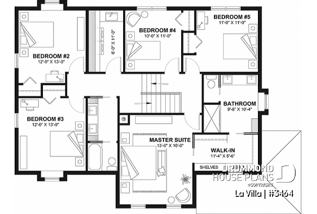 2nd level - Barn style house plan, 5 bedrooms, master suite, fireplace, garage, kitchen with pantry and island - La Villa