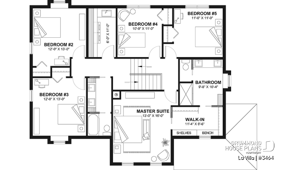 2nd level - Barn style house plan, 5 bedrooms, master suite, fireplace, garage, kitchen with pantry and island - La Villa