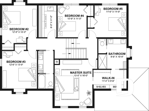 2nd level - Barn style house plan, 5 bedrooms, master suite, fireplace, garage, kitchen with pantry and island - La Villa