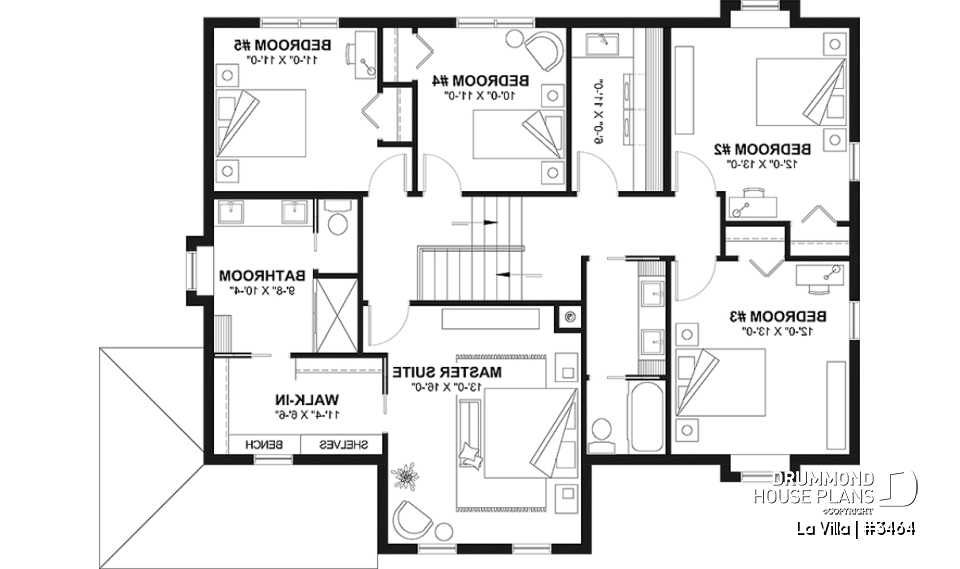 2nd level - Barn style house plan, 5 bedrooms, master suite, fireplace, garage, kitchen with pantry and island - La Villa