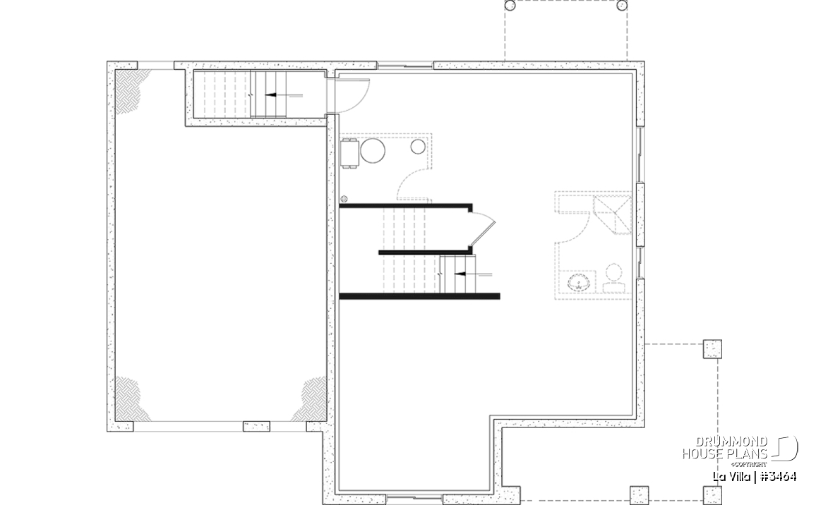 Basement - Barn style house plan, 5 bedrooms, master suite, fireplace, garage, kitchen with pantry and island - La Villa