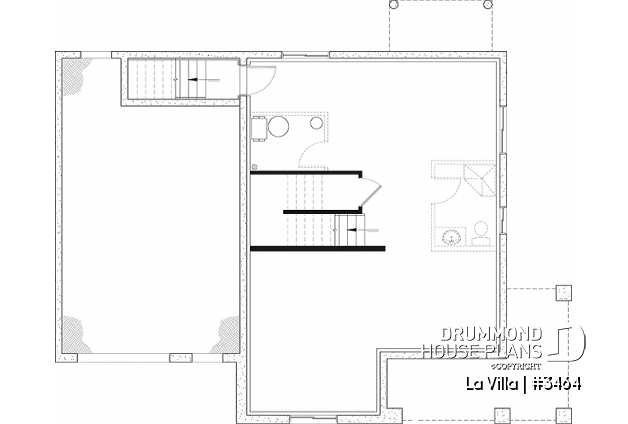 Basement - Barn style house plan, 5 bedrooms, master suite, fireplace, garage, kitchen with pantry and island - La Villa