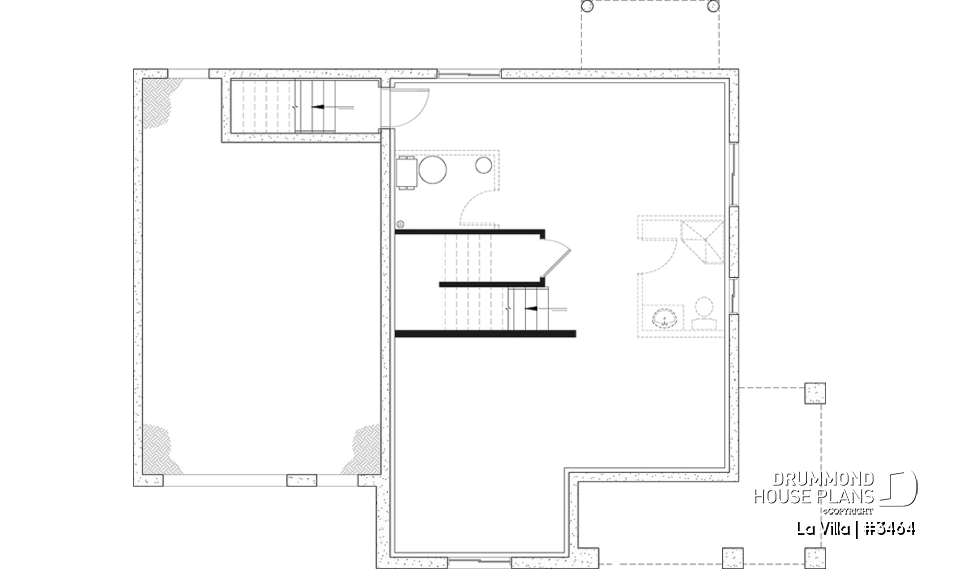 Basement - Barn style house plan, 5 bedrooms, master suite, fireplace, garage, kitchen with pantry and island - La Villa