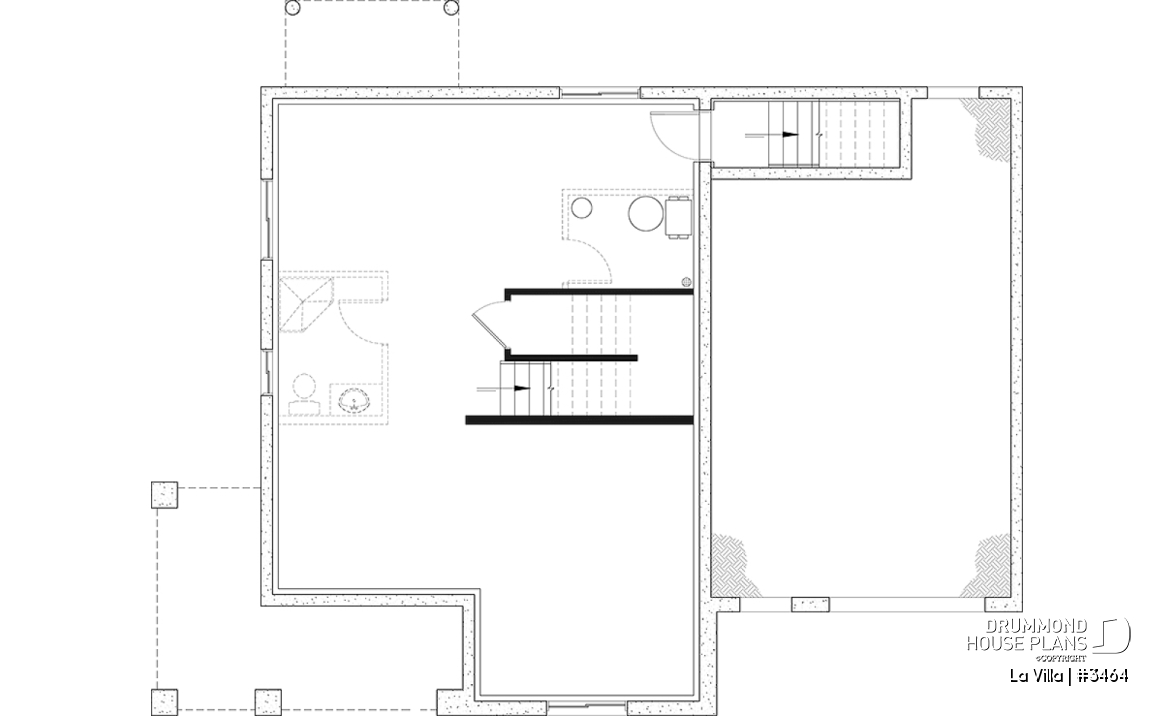 Basement - Barn style house plan, 5 bedrooms, master suite, fireplace, garage, kitchen with pantry and island - La Villa