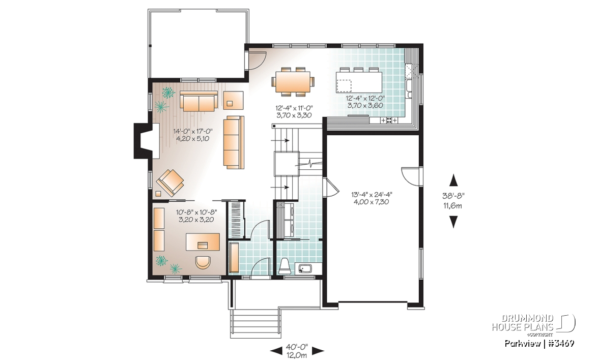 1st level - Modern house plan with garage, 3 to 4 bedrooms, 2 family rooms, den, fireplace, open floor plan - Parkview