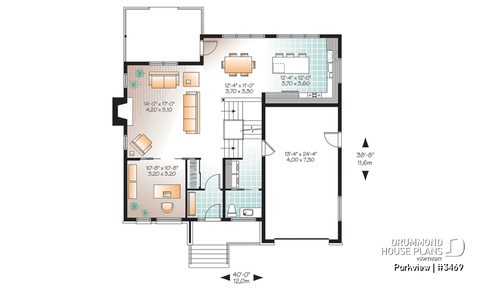 1st level - Modern house plan with garage, 3 to 4 bedrooms, 2 family rooms, den, fireplace, open floor plan - Parkview