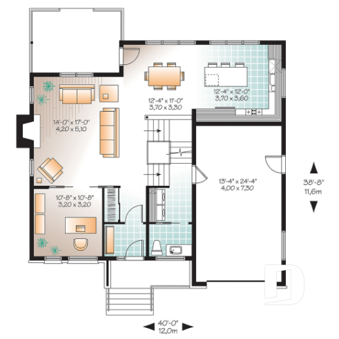 1st level - Modern house plan with garage, 3 to 4 bedrooms, 2 family rooms, den, fireplace, open floor plan - Parkview