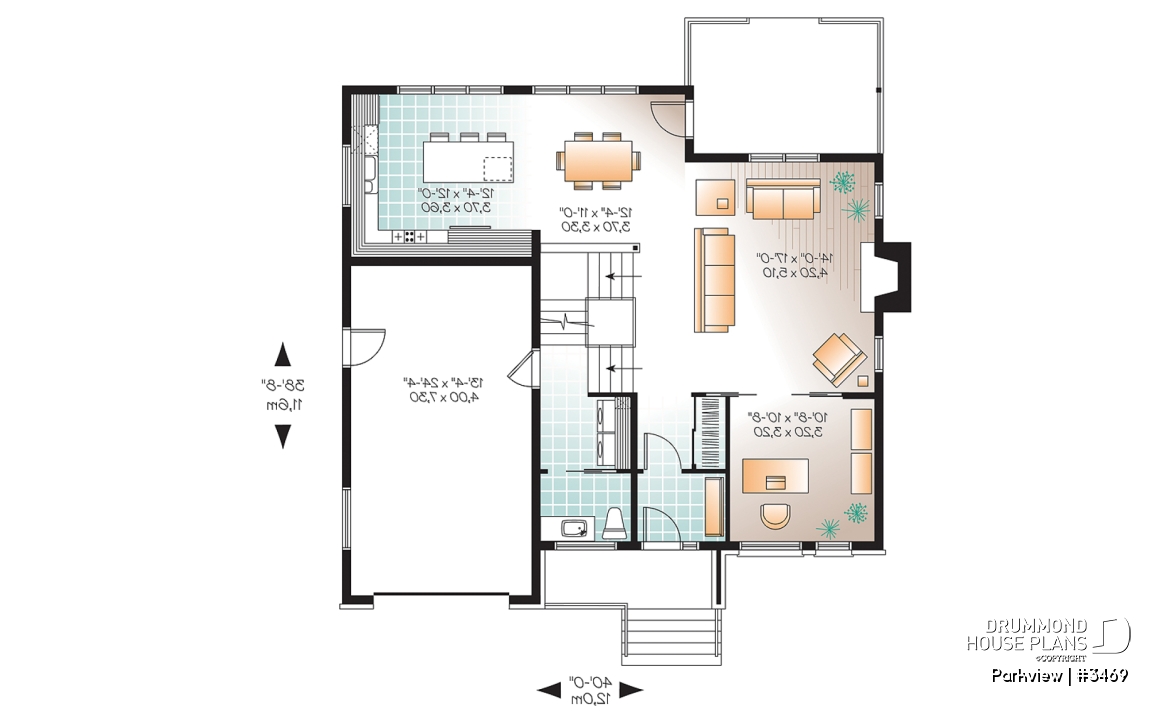1st level - Modern house plan with garage, 3 to 4 bedrooms, 2 family rooms, den, fireplace, open floor plan - Parkview