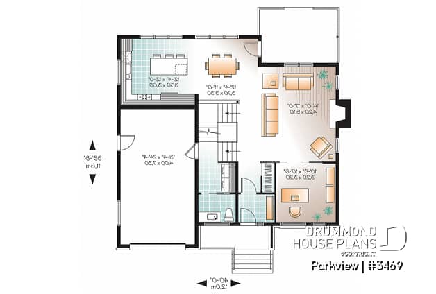 1st level - 3 to 4 Modern house plan with garage, 2 family rooms, home office, fireplace, open floor plan - Parkview