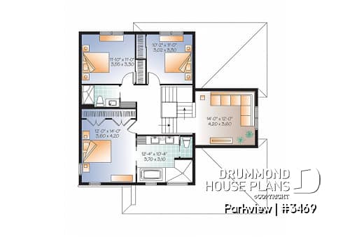 2nd level - 3 to 4 Modern house plan with garage, 2 family rooms, home office, fireplace, open floor plan - Parkview