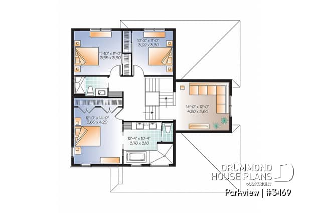 2nd level - 3 to 4 Modern house plan with garage, 2 family rooms, home office, fireplace, open floor plan - Parkview