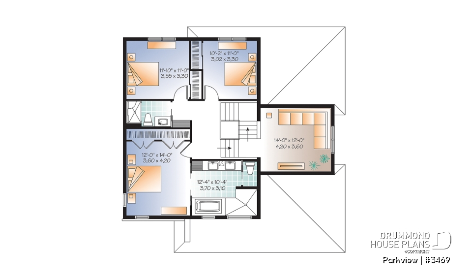2nd level - Modern house plan with garage, 3 to 4 bedrooms, 2 family rooms, den, fireplace, open floor plan - Parkview