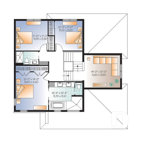 2nd level - Modern house plan with garage, 3 to 4 bedrooms, 2 family rooms, den, fireplace, open floor plan - Parkview