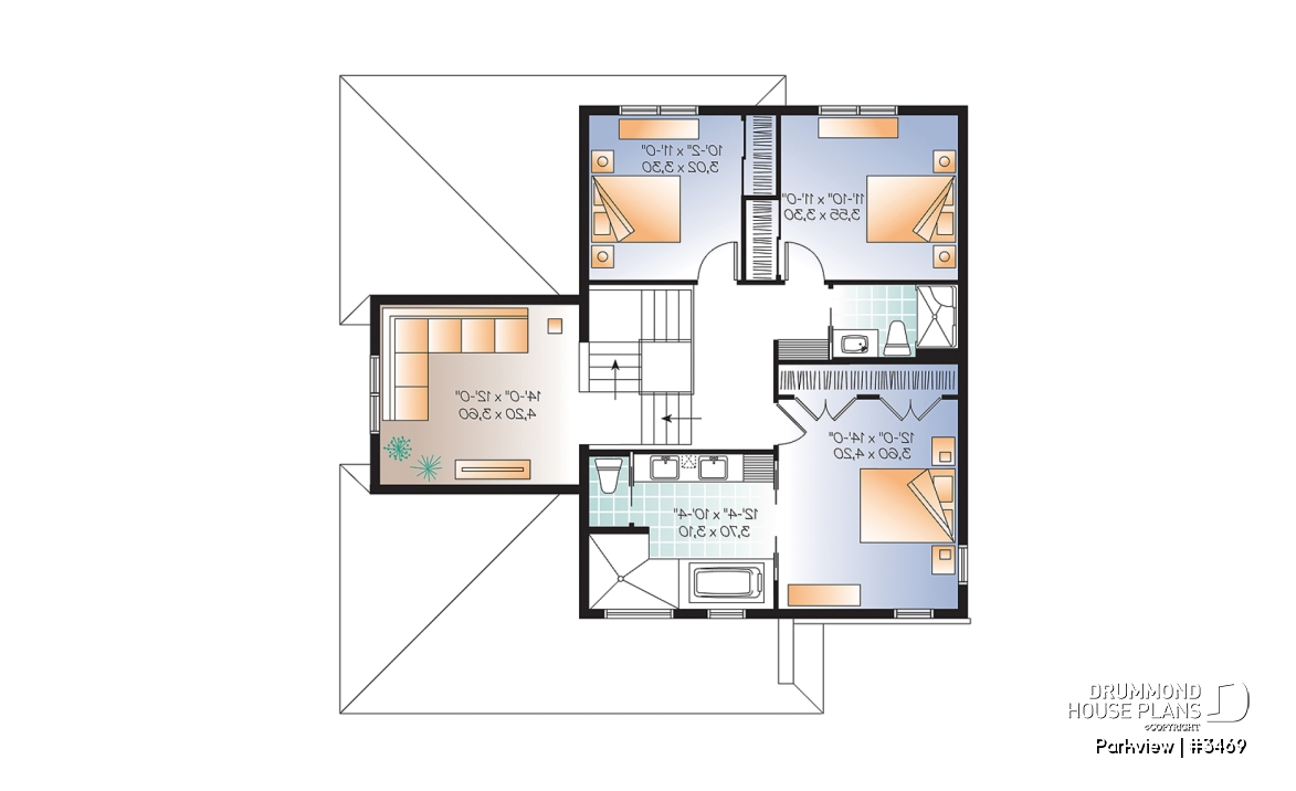 2nd level - Modern house plan with garage, 3 to 4 bedrooms, 2 family rooms, den, fireplace, open floor plan - Parkview