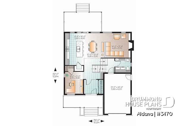1st level - Modern home plan, master suite, 4 bedrooms, 3 bathrooms, covered deck, home office, open floor concept - Aldana