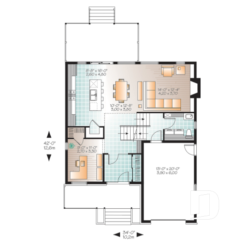 1st level - Modern home plan, master suite, 4 bedrooms, 3 bathrooms, covered deck, home office, open floor concept - Aldana