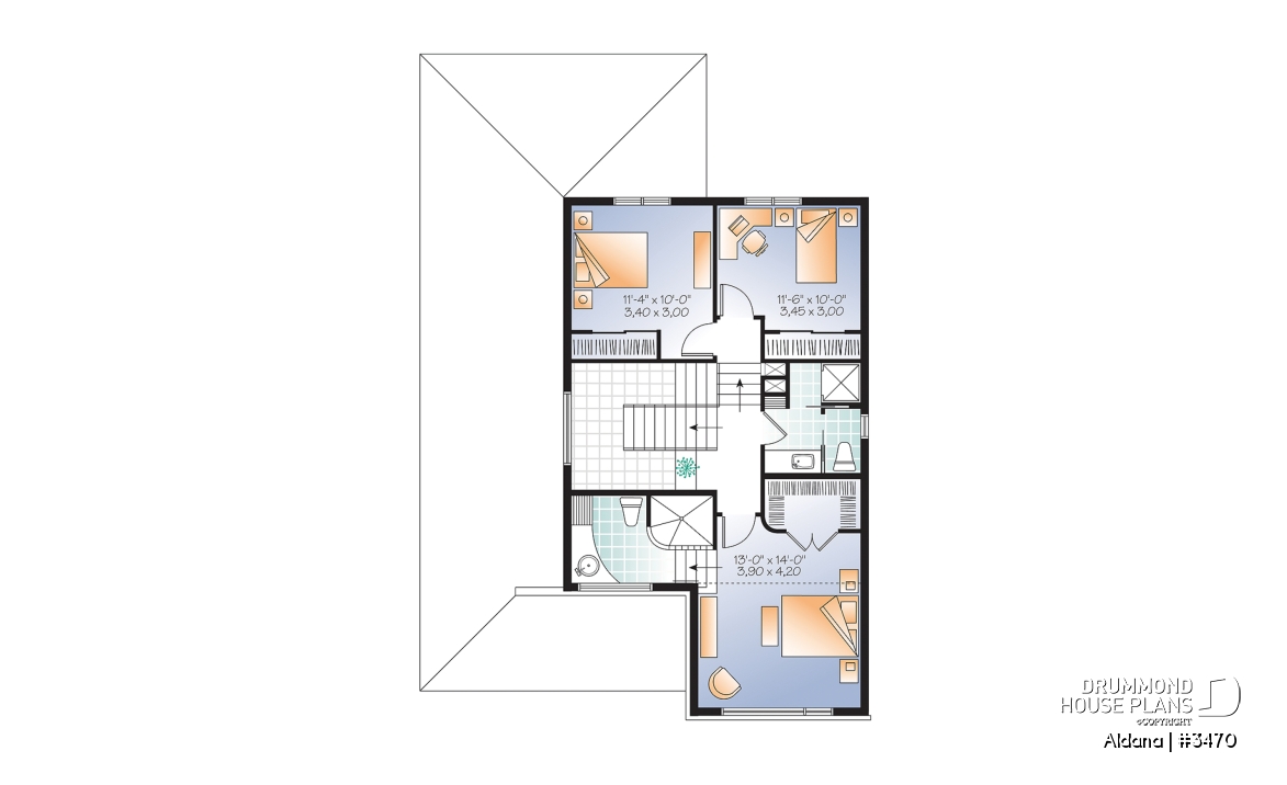 2nd level - Modern home plan, master suite, 4 bedrooms, 3 bathrooms, covered deck, home office, open floor concept - Aldana