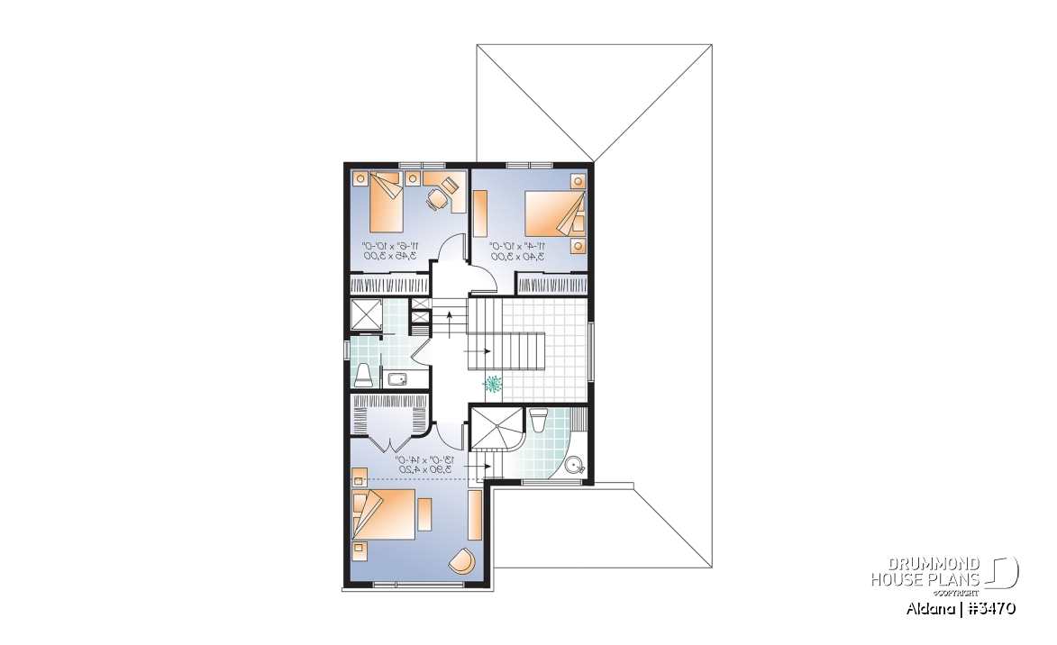 2nd level - Modern home plan, master suite, 4 bedrooms, 3 bathrooms, covered deck, home office, open floor concept - Aldana