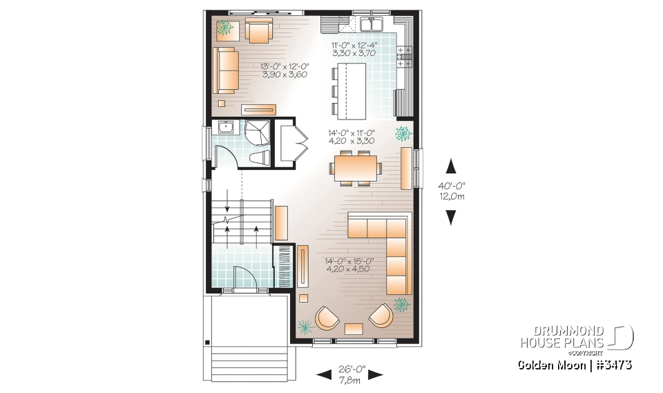 1st level - Contemporary narrow lot house plan, under building parking, family and living room, laundry on 2nd floor - Golden Moon