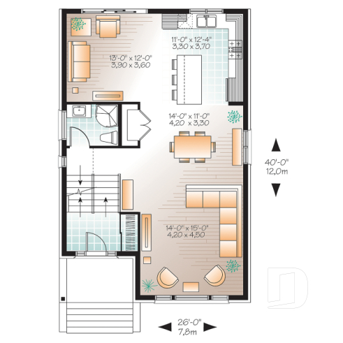 1st level - Contemporary narrow lot house plan, under building parking, family and living room, laundry on 2nd floor - Golden Moon