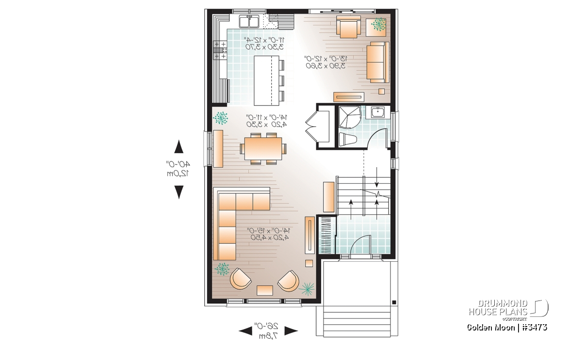 1st level - Contemporary narrow lot house plan, under building parking, family and living room, laundry on 2nd floor - Golden Moon